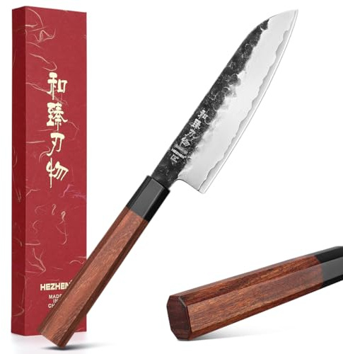 HEZHEN Coltello Santoku Piccolo, Multifunzionale Ultra Affilato Stile Giapponese Coltello Gyuto, Manico Ottagonale in Legno Rosso