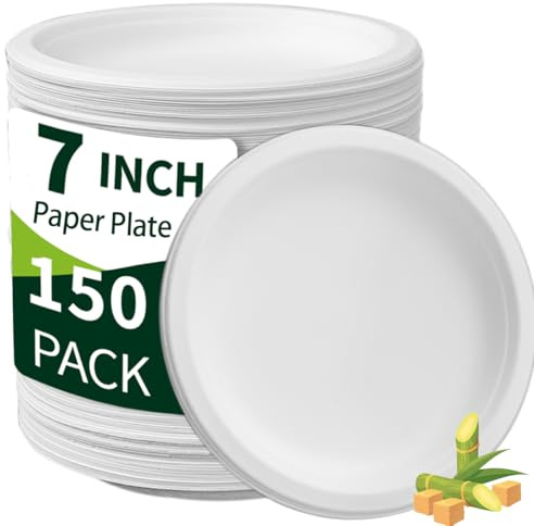 Drihara White Paper Plates 7 Inch (Round,150 Count) Heavy Duty Disposable Dinner Plates Bulk, Small Compostable Dessert Dishes for Party, BBQ and Gathering, Microwave-Safe/Sturdy/Leak Resistant