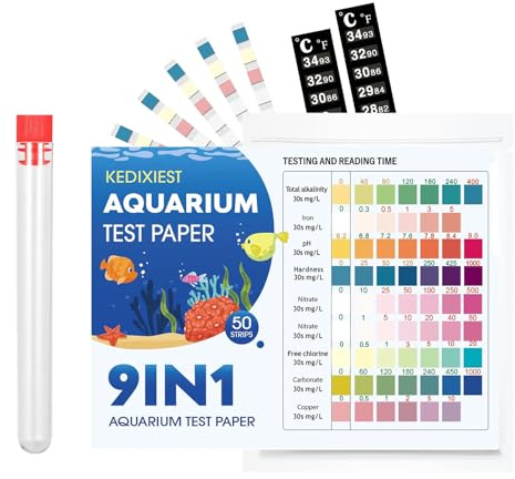 9 in 1 drinking water test kit, fish tank water test kit for testing iron, copper, nitrite, nitrate, pH, carbonate, etc., suitable for tap water, well water, swimming pool, hot tub, (9 in 1 50 pieces)