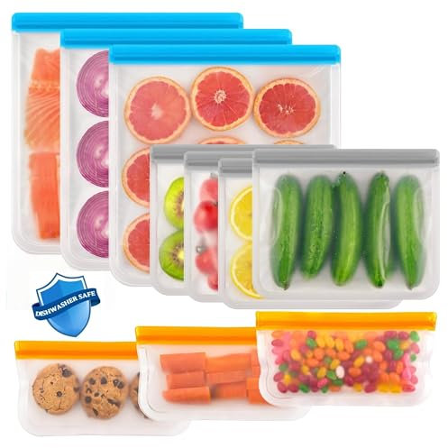 Reusable Sandwich Bag Freezer Bags Ziplock, 10 Pack Silicone Zip Lock Bags Large Vegetable Bags Snack Bag, Plastic Leakproof Food Storage Pouches for Keeping Lunch, Snack, Fruit, Potato, Travel Items