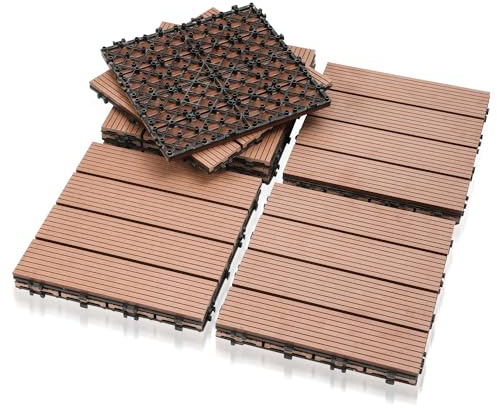 Jiubiaz WPC-kakel, 30 x 30 cm, 44 för 4 m² WPC, terrassplattor, balkong, golvplattor med klicksystem, terrassbrädor, väderbeständiga med dränering, lätt att installera, brun