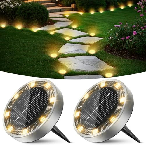 Peasur Luci Solari da Giardino, 2 Pezzi Faretto Led da Esterno Solare da Terra, 8 LED Sepolta Faretti Solari Impermeabile per Prato, Scala, Paesaggio (Bianco Caldo)