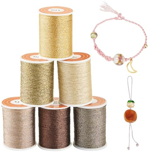PandaHall - 6 rollos de hilo metálico trenzado de 1 mm, hilo de bordar, color dorado, tostado, marrón, cordón de macramé, hilo de coser para frivolité, acolchar, hacer pulseras de la amistad y