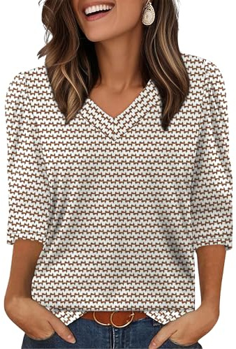 Aokosor Womens Tops 3/4 Length Puff Sleeve Blouses V Neck T Shirts for Women UK Brown Stripe Size 10-12