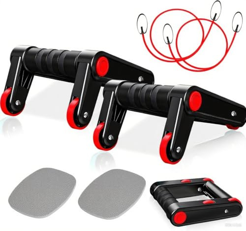 Poignées d'appui pour Pompe Appareils de Fitness 3 en 1 Multifonctionnelle Roue Abdominale Avec bande de Fitness, Tapis pour Genoux, Idéal pour les Hommes et les Hemmes à la Maison (Rouge)