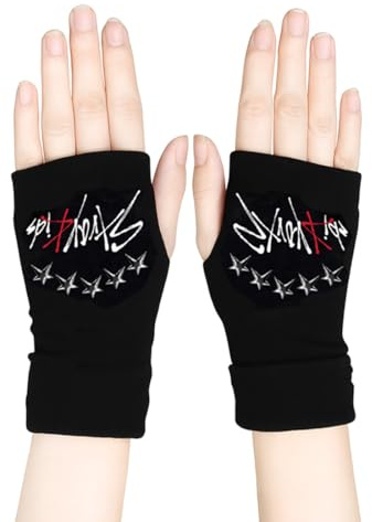 DEFGNOP 1 Paire de Gants Sans Doigts Stray, Gants Tricotés Stray Gants d'hiver Noirs Kpop avec 1 Autocollant SKZ et 2 Photocard SKZ, Cadeau pour Les Fans de Kpop pour STAY