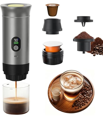 Tragbare Espressomaschine Kompatibel mit Großen Kapseln, Kleinen Kapseln und Kaffeepulver, 3-in-1 Mini Kaffeemaschine mit Akku, Schnelles Erhitzen, Auto Kaffeemaschine mit Display für Camping Reise