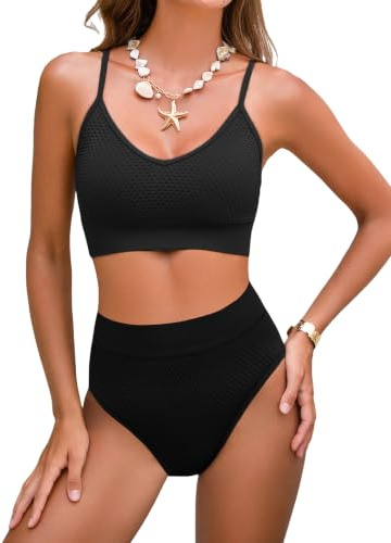 CUPSHE Women's Bikini Set Two Piece Swimsuit Sporty Bathing Suit Textured, M Black