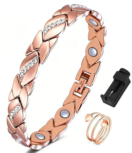 Qnbonrich Koppararmband dam med magneter, justerbart magnetarmband & ring, wellness-smycke, komplett set i presentförpackning med storleksjusterare, roséguld, perfekt för mors dag, födelsedag, jul