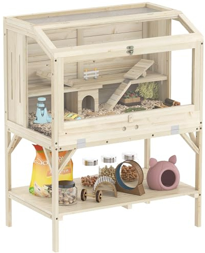 PawHut Wooden Hamster Cage 2 Tier Transparent for Syrian 84 x 53 x 110 cm