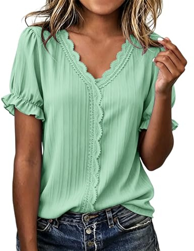 Maglietta Donna Maniche Corte Pizzo Maniche Corte con Scollo a V Maniche a Sbuffo Comoda Camicetta Curvy Basic Top Estivo Larghe Maglia Semplice Chic Maglietta per Tempo Libero Festa Ufficio