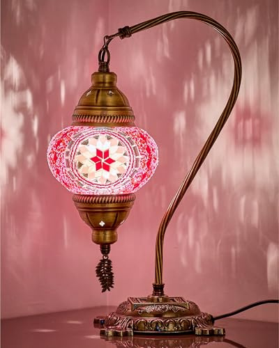 DEMMEX Turkish Moroccan Mosaic Table Lamp – Handcrafted Tiffany-Style Colorful Glass Swan Neck Bedside, Desk, Table Light, Boho Artisan Accent Lighting for Bedroom or Living Room – 15 H, Pink