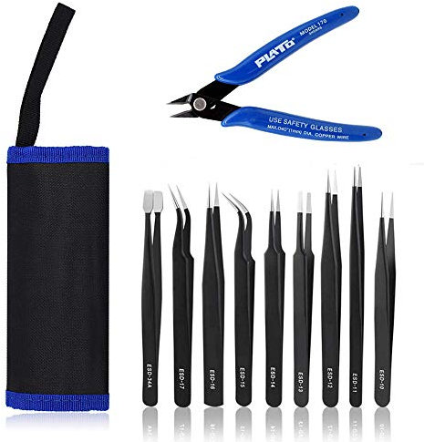 9-Piece ESD Tweezers Kit & 1pc Micro Wire Cutter, Precision Anti-Static Curved Point Tweezers Tool Set for Modelling,Electronics Repair,Crafting,Laboratory,Jewelry-Making