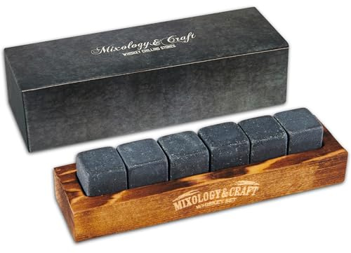 Mixology & Craft Whiskey Stones - Cube-Shaped Granite Chilling Whiskey Rocks Set of 6, Whiskey Gifts for Men and Christmas Stocking Stuffers - Dark Granite