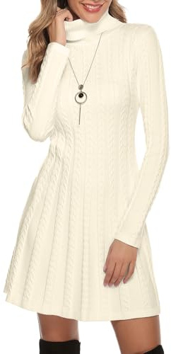 Gyabnw Vestito Casual Donna Invernale in Maglione Abito Vita Alta Elegante Collo Alto di Orlo Svasato Abito Linea A in Maglia al Ginocchio Caldo di Moda Treccia Ritorta, Beige, M