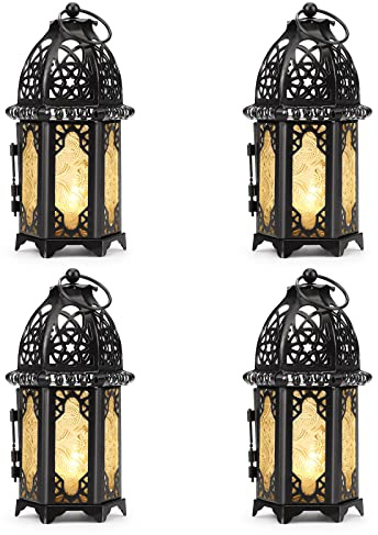 IMAGE Kerzenlaterne 4 Stück Hängende Laterne Metall Kerzenhalter mit Glasscheiben Deko für Weihnachten Hochzeit Garten Balkon, schwarz