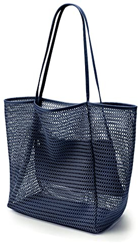 KALIDI Mesh tygväska, 23 L strandväska extra stor tygväska för kvinnor med dragkedja ficka axelväska sommar strandväskor återanvändbar shoppingväska för picknick semester resor livsmedel