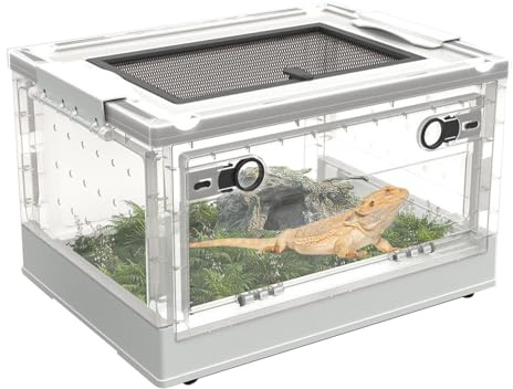 PINVNBY Plastic Reptile Feeding Box with Wheels,Reptiles Breeding Enclosure Cages Transparent Amphibians Habitat Terrarium Tank Portable Transport Container for Lizard,Bearded Dragon(White)