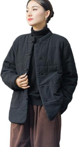 NFYM Manteaux chinois rembourrés en coton pour femme Grenouille Veste d'hiver matelassée en coton avec poches (taille US, alpha, taille unique, régulier, noir)