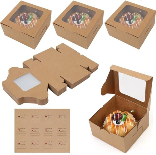 Kraftpapier Cupcake Box, 50 Stk Macarons Muffin Box mit Sichtfenster und Aufklebern,10,16x10,16x5,7cm Karton Box Verpackung, Kuchen Transportbox Pappe Cupcake Schachtel für Gebäck Kekse Kuchen Dessert