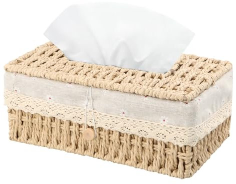Caja para Pañuelos de Papel, Dispensador de Pañuelos, Caja de Pañuelos Rectangular, Caja Pañuelos de Cuerda de Papel para Cocina, Baño, Oficina, Hotel, Coches 24x14x10cm (Beige)