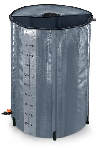 JNGLGO Faltbare Regentonne 200 Liter Regenwassertank zum Sammeln von Regenwasser, Wasserauffangbehälter Regenwassertonne PVC Regenwasserfass mit Wassereinlassgitter und Abflussventil, Anthrazit
