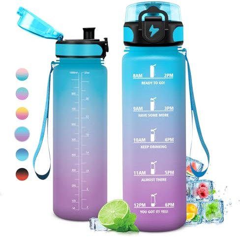 Trinkflasche 1L, Trinkflasche mit Zeitmarkierung und Filter, Auslaufsicher Wasserflasche Kohlensäure Geeignet für Fahrrad, Schule, Maedchen, Sport