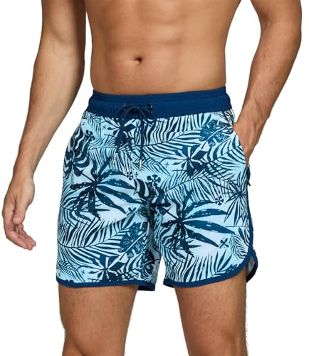 EDOTON Shorts de Bain Homme Maillot de Bain pour Homme Short de Plage à Séchage Rapide avec Réglable et Poches Surf Short uni Imprimé (Feuilles de Palmier,EU XL)