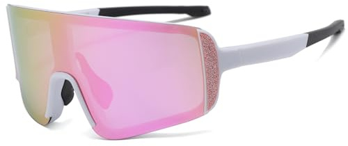 Long Keeper Gafas Ciclismo Mujer Hombre Gafas de Sol Deportivas Running MTB Anti Viento Gafas Bicicleta Protección UV400 para Ciclismo Esquí Correr Pesca (Montura Blanco - Lente Espejo Rosa)