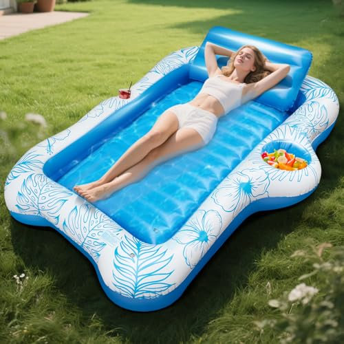 Materassino Gonfiabile Piscina per Adulti 180×120 cm, Tanning Pool Lettino Gonfiabile con Cuscino Rimuovibile, 2 Portabicchieri, Piscina Abbronzante, Vasca Gonfiabile per Giardino/Spiaggia