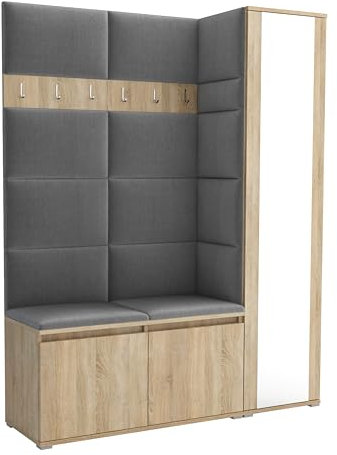 Brent - Garderobenschrank Flur Sonoma Eiche mit sitzbank 145 cm Breit Luton 7 - Multifunktionale Flurgarderobe Set mit Stauraum und Wandpaneel, Garderobe mit Sitzfläche und Kleiderhaken