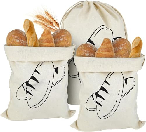 3 sacchetti per pane in lino non sbiancato, 40 x 30 cm, riutilizzabili in lino con coulisse, per pane, frutta e verdura
