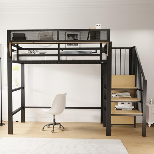 GigaXynium Högsäng 90x200 med säkerhetsstege och flexibelt förvaringsfack, metallsäng, vuxensäng, barnvåningssäng (Svart, 90 x 200 cm)
