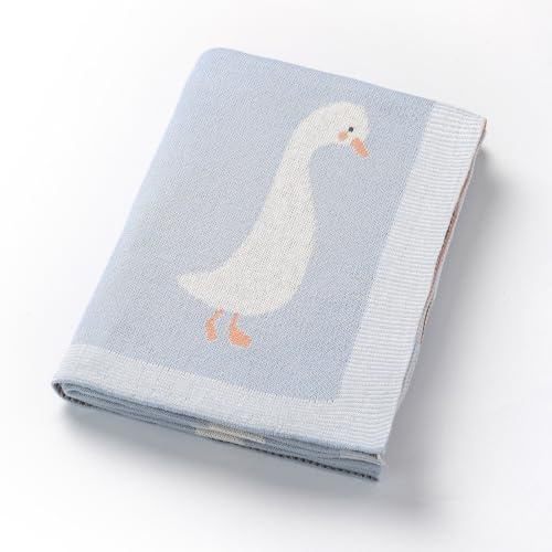 Loyfoky Couverture pour bébé 100 % coton - Motif oie mignonne - Couverture en tricot doux pour nouveau-né - Pour lit de garçon/fille - Bleu - 100 x 80 cm
