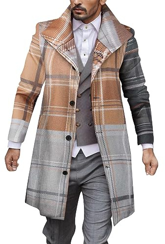 Generisch Men's Coat Winter Coat Business Winter Jacket Warm Trench Coat Checked Single Breasted Men's Coat Loden Coat Classic Traditional Coat Long Overcoat Autumn Winter Cover Coat, orange, XL
