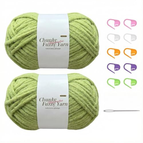 Fluffy Wool Chunky Chenille Yarn for Crochet - 100g x2 Soft Thick Yarn Kit, Perfect for Beginners, Scarf, Sweater, Hat, Gloves & Blanket Hand Knitting DIY Crafts (Green-2)