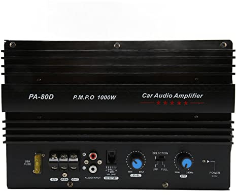 Ausla PA 80D, Amplificateur de Puissance Mono 1000W pour Voiture, Amplificateur de Plaque de Subwoofer Haute Puissance avec Plusieurs Protections pour Divertissement Automobile 12V
