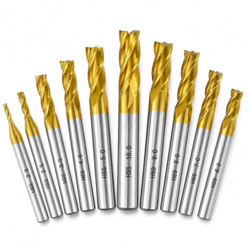 Hårdmetall skaftfräs 10 stycken 2–10 mm VHM skaftfräs set titan 4 flöjtfräsar för CNC-plast metall rostfritt stål kolstål aluminium trä akryl (guld)