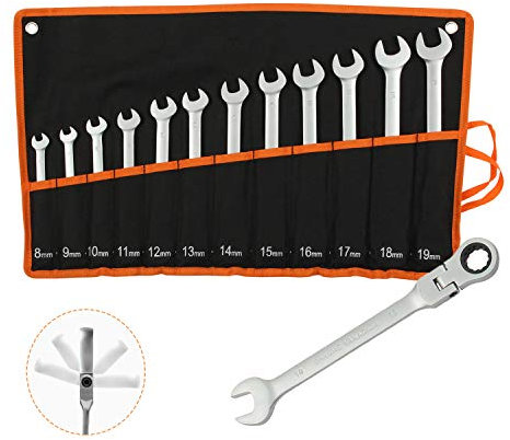 Todeco Juego de llaves combinadas de 12 piezas, Juego llaves inglesas de 8-19 mm, llaves carraca con bolsa de transporte, llaves fijas de boca Métrico
