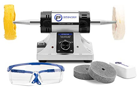 OPAVIOC - Pulidora de joyería – amoladora de banco de velocidad variable ajustable, pulidora y pulidora, amortiguador dental y torno – Incluye 2 pulidores de algodón, 2 ruedas de fibra abrasiva,