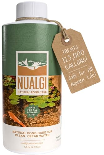 Nualgi Pond Care Limpiador natural para estanques, 125 ml, clarificador para estanques de peces, seguro para toda la vida acuática, incluyendo koi, clarificador de agua para estanques, trata hasta
