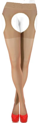 sesto senso Collant Cavallo Aperto 15 den Bretelle Calze per Reggicalze Donna Sexy XL Beige Chiaro Carne