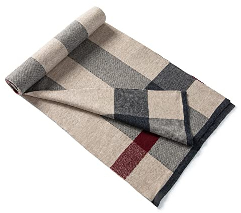 Lindoro Sciarpa in lana merino per uomo, sciarpe lunghe invernali scozzesi calde e leggere scozzesi con confezione regalo, Cammello & Grigio
