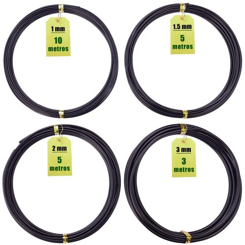 4 Rollos Alambre Bonsai - Alambre Aluminio Anodizado - 4 Grosores Distintos - 1mm, 1.5mm, 2mm y 3mm - Alambres para Dar Forma al Bonsai (4 Tamaños - Color Negro)