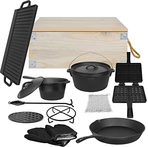 NAIZY Ensemble Dutch Oven 12 Pièces Avec Boîte En Bois Incluant Pot À Feu, Poêle, Moules À Pâtisserie, Casseroles, Plats D'entrée, Bases, Gaufrier, Gants, Tampons, Filets De Nettoyage