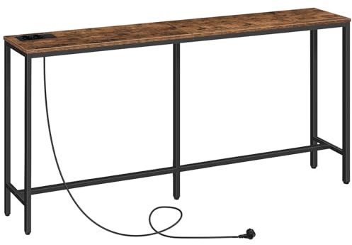 MAHANCRIS Mesa Consola con Tomas de Corriente, Aparador Estrecho de, Mesa de Entrada Estilo Industrial con Puerto USB, Mesa Auxiliar de Sofá para Entrada, Pasillo,Salón, Marrón Vintage ACTHR16UE01