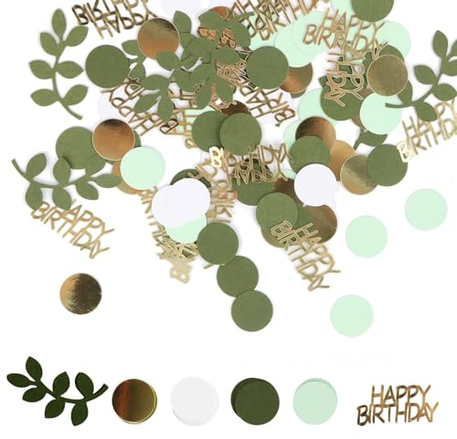RUNEAY Konfetti Happy Birthday 400 stycken, grönt guld födelsedag bordsdekoration för flickor och pojkar, blad och cirkel konfetti, vindtät