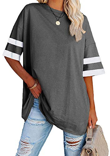 Ebifin Women's Oversized T-Shirt Round Neck Short Sleeve Tops Casual Loose Basic Summer T Shirts Blouse., dark-grey, L