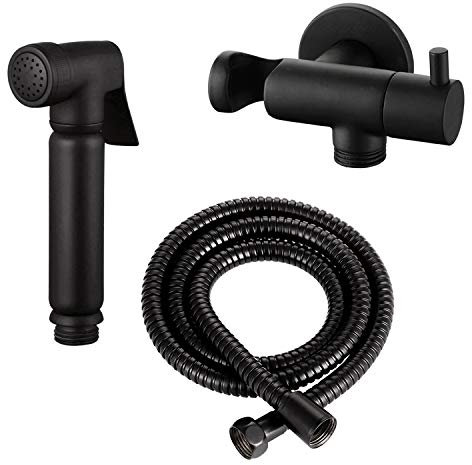Kit Douchette WC/Bidet Design Noir Mat – Ensemble Complet en Laiton Massif avec Robinet d’Arrêt Intégré, Support Mural et Flexible 120 cm – Uniquement pour Eau Froide