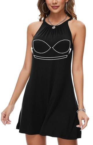 ANYFITTING Summer Dresses for Women UK midi Dresses Cruise Outfits Built in Bra Floral Derss Sleeveless Halter Neck Black L